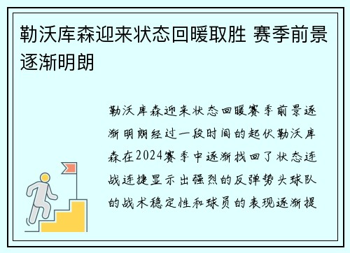 勒沃库森迎来状态回暖取胜 赛季前景逐渐明朗