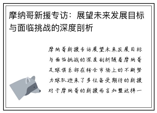摩纳哥新援专访：展望未来发展目标与面临挑战的深度剖析
