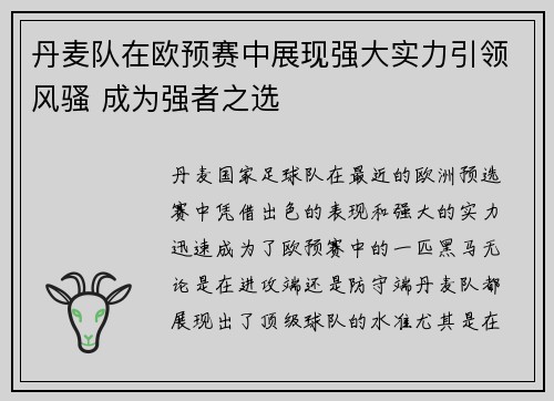丹麦队在欧预赛中展现强大实力引领风骚 成为强者之选