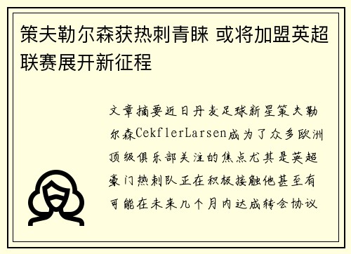 策夫勒尔森获热刺青睐 或将加盟英超联赛展开新征程