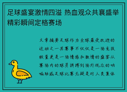 足球盛宴激情四溢 热血观众共襄盛举精彩瞬间定格赛场