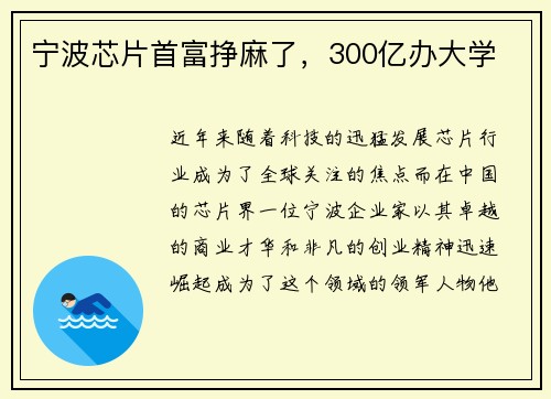 宁波芯片首富挣麻了，300亿办大学