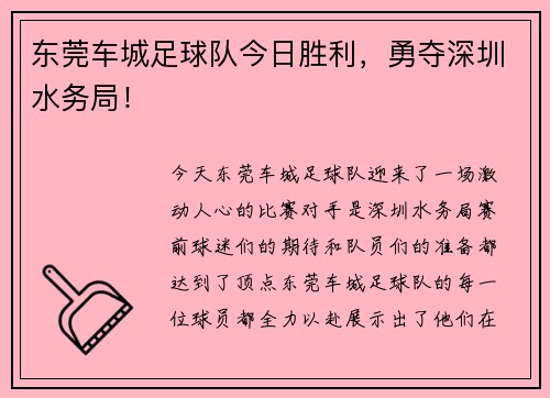 东莞车城足球队今日胜利，勇夺深圳水务局！