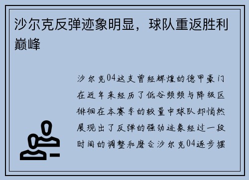 沙尔克反弹迹象明显，球队重返胜利巅峰