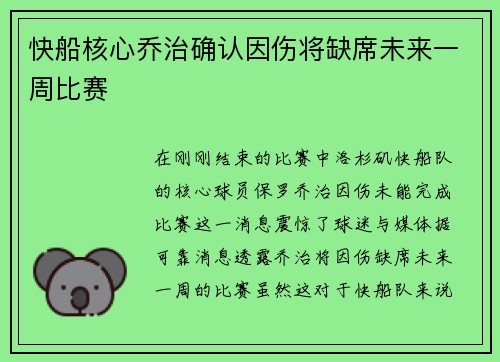 快船核心乔治确认因伤将缺席未来一周比赛