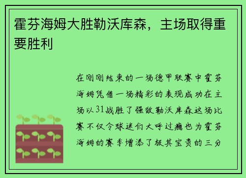 霍芬海姆大胜勒沃库森，主场取得重要胜利