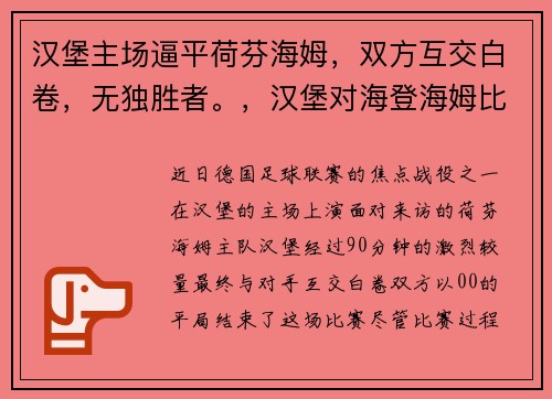 汉堡主场逼平荷芬海姆，双方互交白卷，无独胜者。，汉堡对海登海姆比分预测