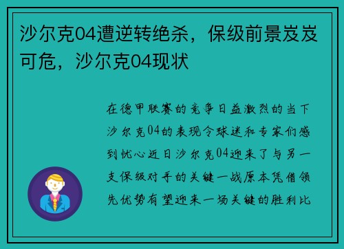 沙尔克04遭逆转绝杀，保级前景岌岌可危，沙尔克04现状
