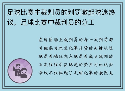 足球比赛中裁判员的判罚激起球迷热议，足球比赛中裁判员的分工