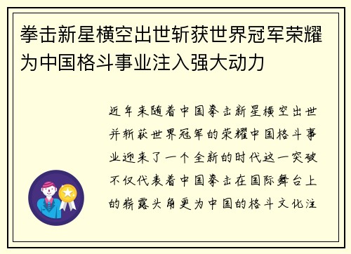 拳击新星横空出世斩获世界冠军荣耀为中国格斗事业注入强大动力