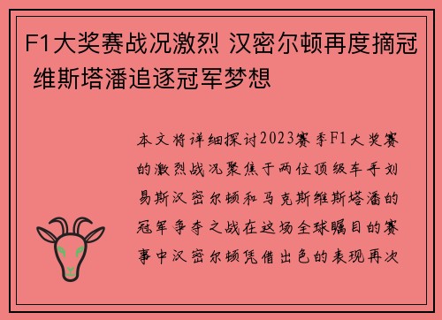F1大奖赛战况激烈 汉密尔顿再度摘冠 维斯塔潘追逐冠军梦想