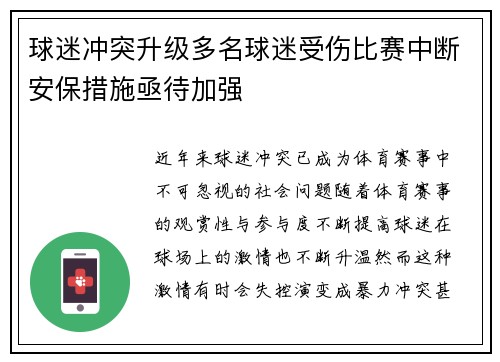 球迷冲突升级多名球迷受伤比赛中断安保措施亟待加强
