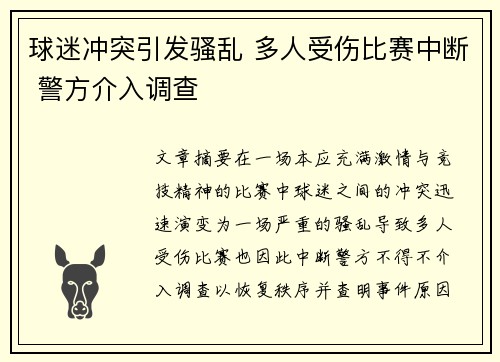 球迷冲突引发骚乱 多人受伤比赛中断 警方介入调查