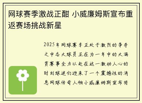 网球赛季激战正酣 小威廉姆斯宣布重返赛场挑战新星