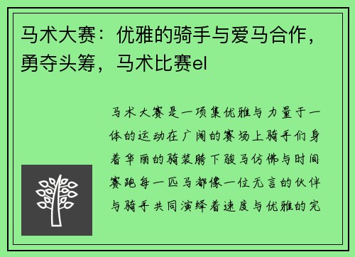 马术大赛：优雅的骑手与爱马合作，勇夺头筹，马术比赛el